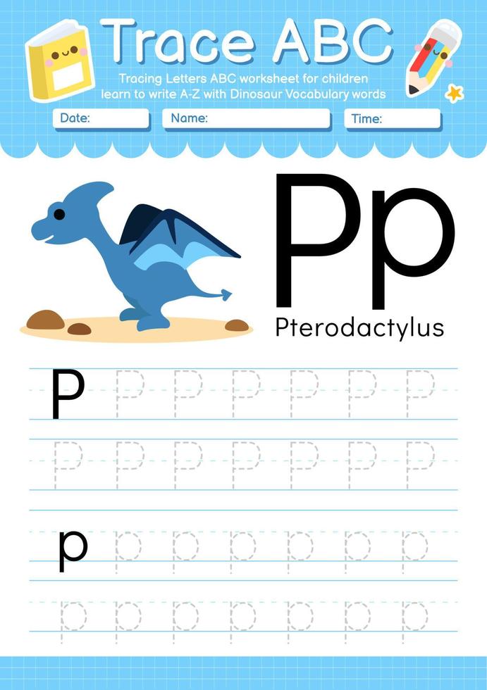 alfabeto traccia lettera dalla a alla z foglio di lavoro prescolare con tipo di dinosauro vettore