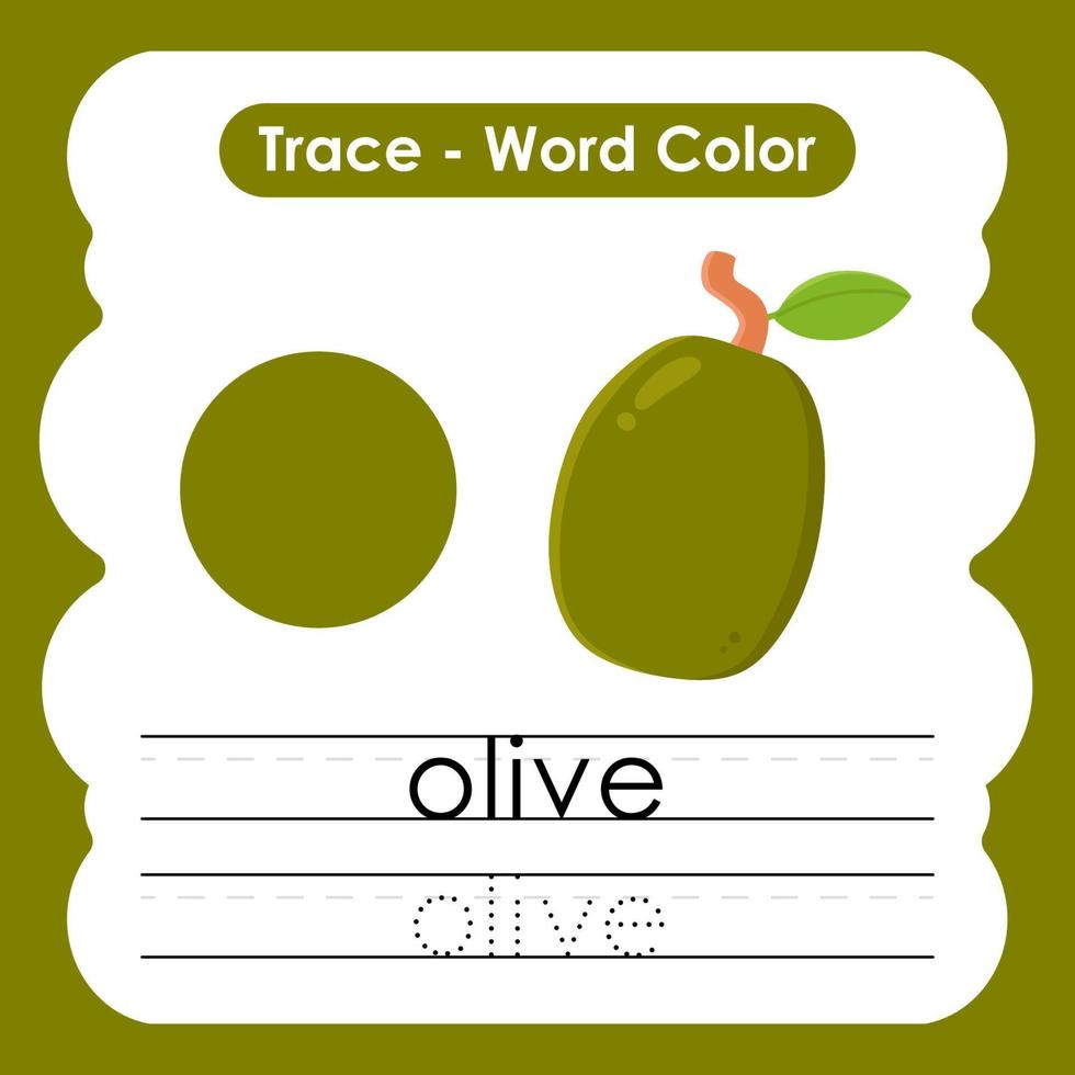 fogli di lavoro di parole di tracciamento in inglese con vocabolario di colori oliva vettore