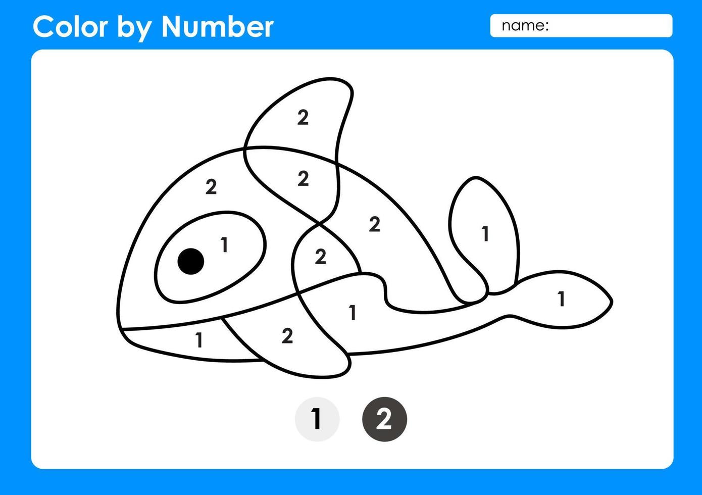 Foglio di lavoro colora per numero per bambini che imparano i numeri colorando l'orca assassina vettore