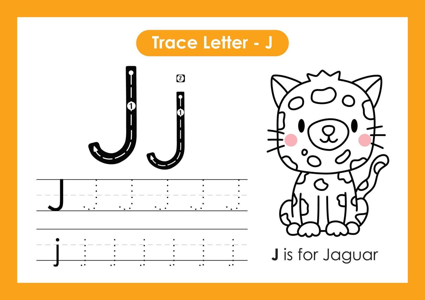 alfabeto traccia la lettera dalla a alla z foglio di lavoro prescolare con la lettera j jaguar vettore