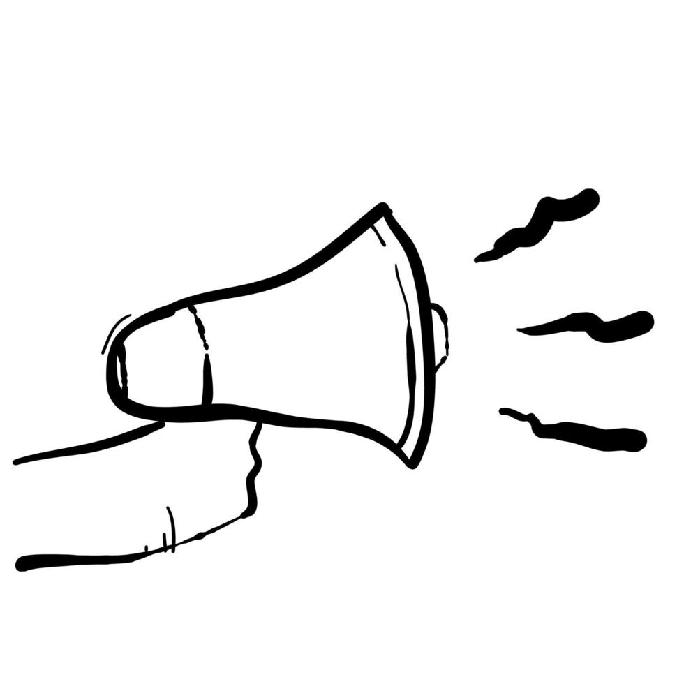 illustrazione del megafono della tenuta della mano di doodle disegnato a mano vettore