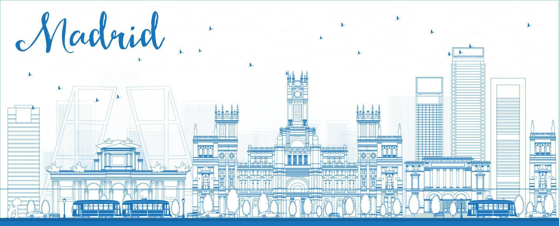 delineare lo skyline di madrid con edifici blu. vettore