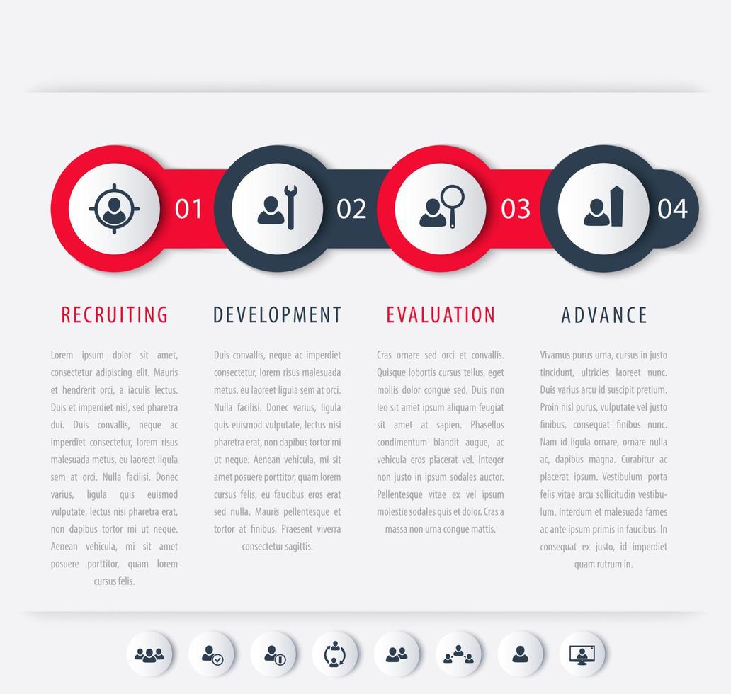 personale, risorse umane, fasi di sviluppo del personale, modello di sequenza temporale, elementi infografici, icone, illustrazione vettoriale