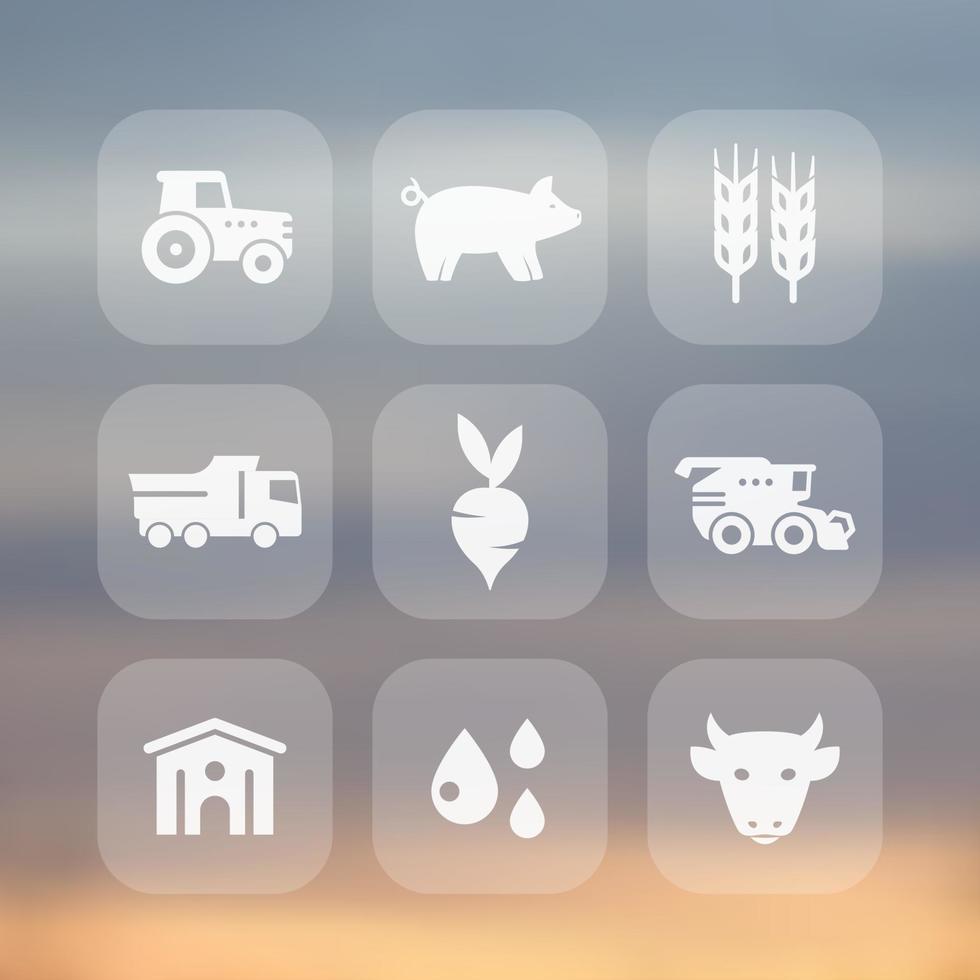agricoltura, set di icone agricole, bovini, maiali, hangar, agrimotor, mietitrebbia, illustrazione vettoriale