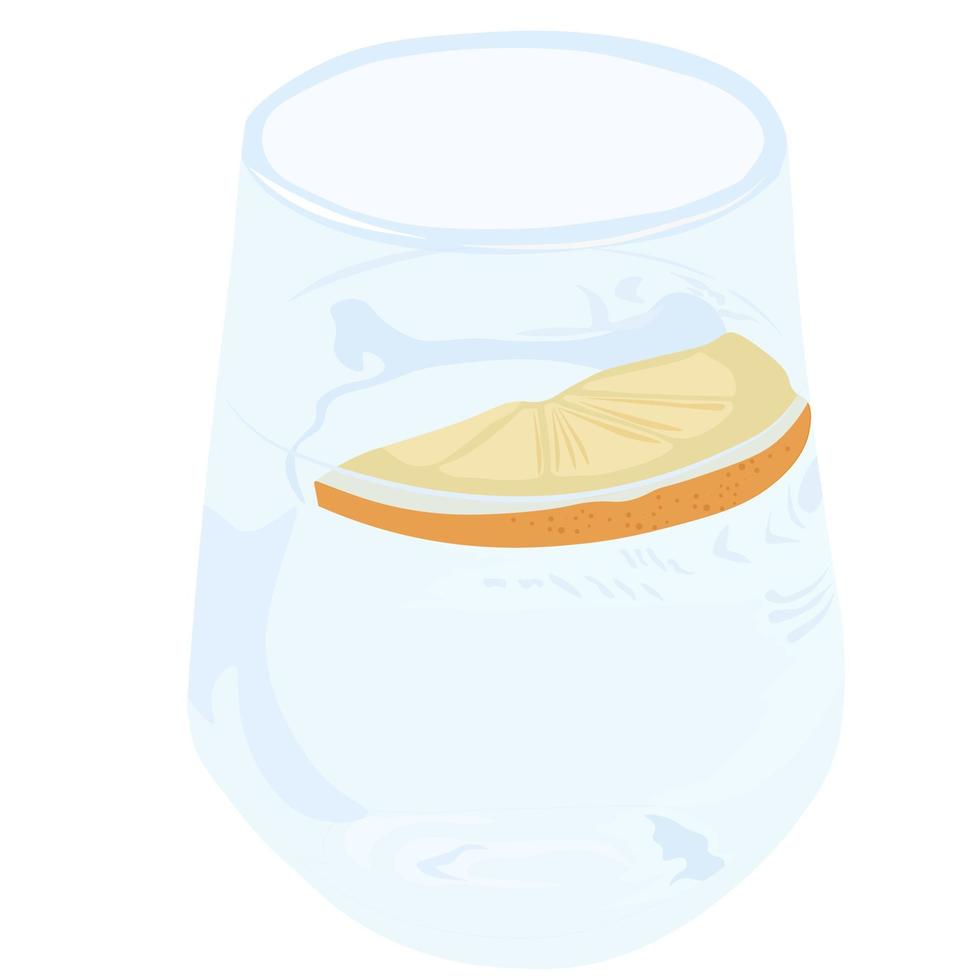 bicchiere di vetro con acqua e limone illustrazione stock vettoriale. bevanda fresca con una fetta di agrumi. abitudine alla dieta e all'eliminazione delle tossine. Isolato su uno sfondo bianco. vettore