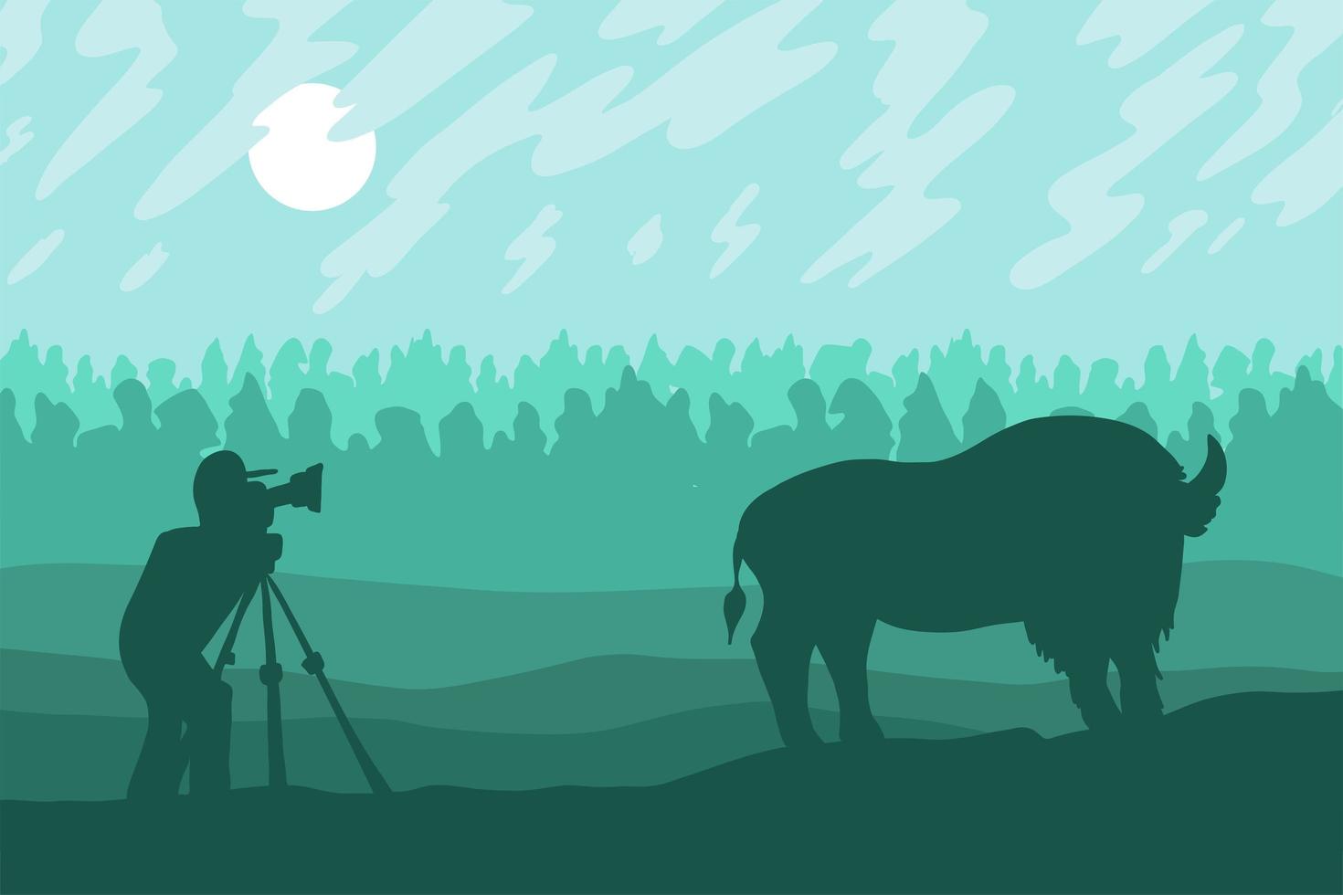 fotografo fotografa a piedi bizon sul campo vettore