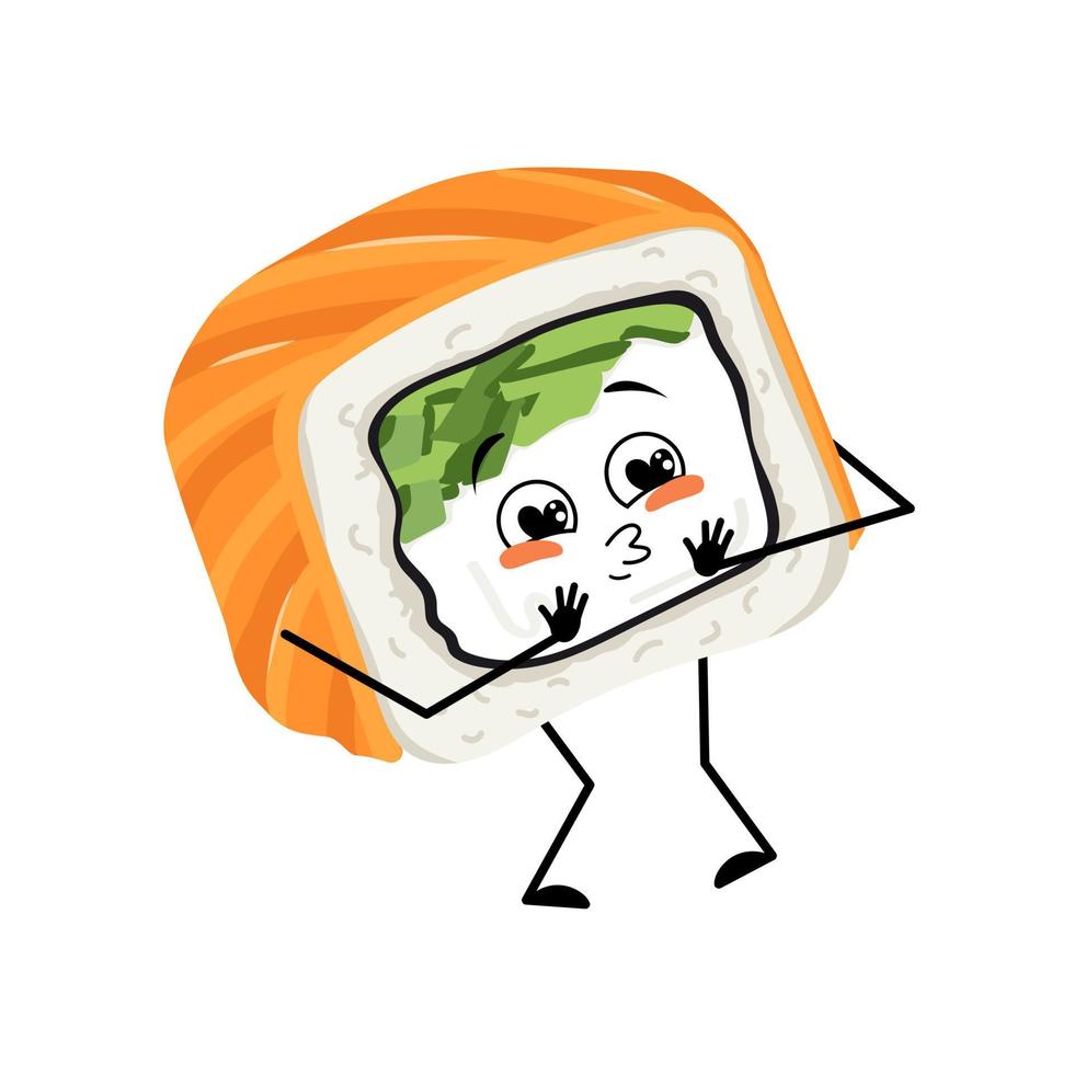 personaggio sushi con emozioni d'amore, viso sorridente, braccia e gambe. persona con espressione felice, emoticon cibo asiatico. illustrazione piatta vettoriale