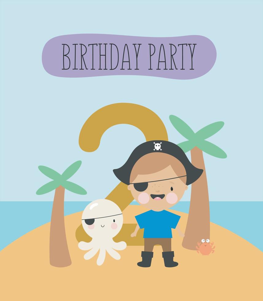 festa di compleanno, biglietto di auguri, invito a una festa. illustrazione per bambini con piccolo pirata e un'iscrizione due. illustrazione vettoriale in stile cartone animato.