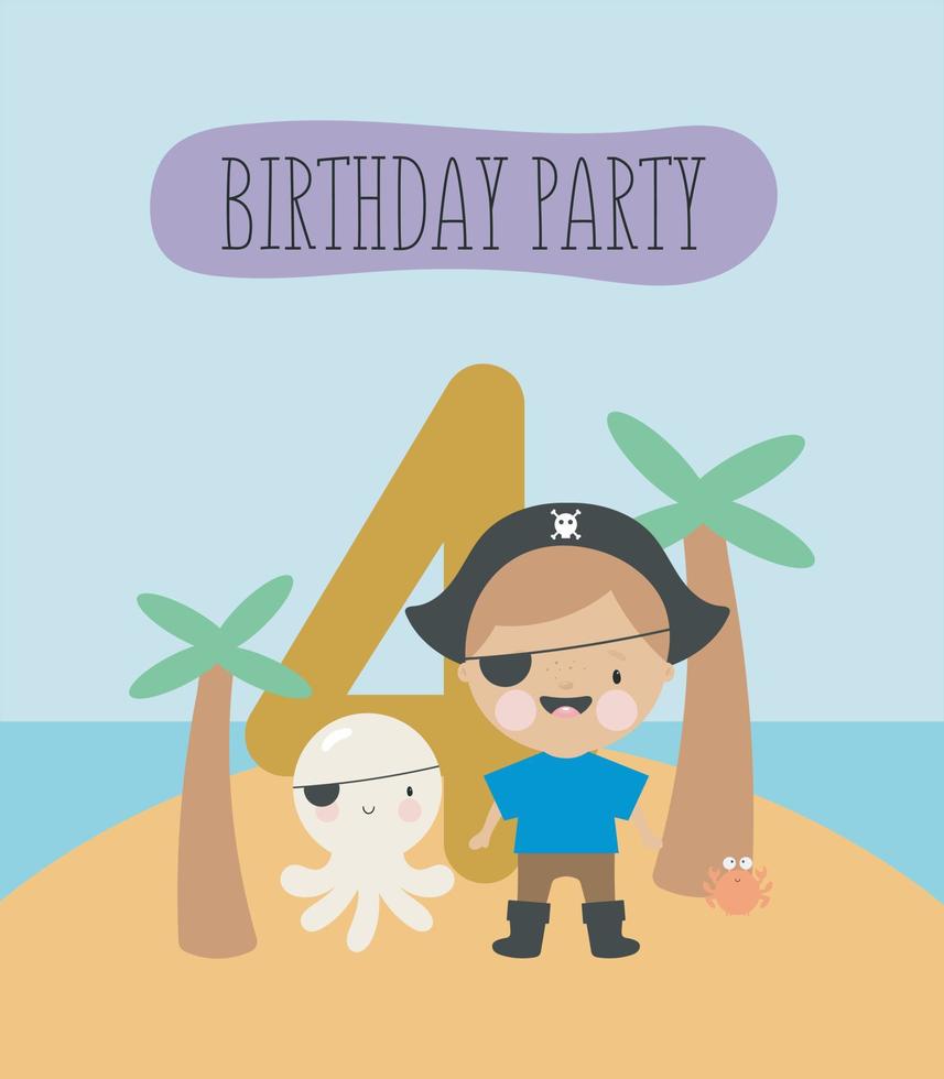 festa di compleanno, biglietto di auguri, invito a una festa. illustrazione per bambini con piccolo pirata e un'iscrizione quattro. illustrazione vettoriale in stile cartone animato.