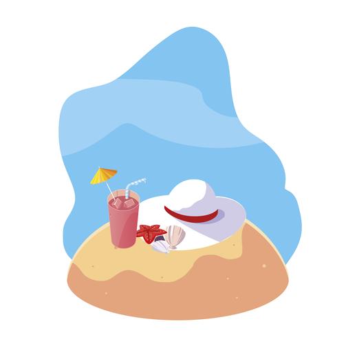 spiaggia di sabbia estiva con cocktail e icone scena vettore