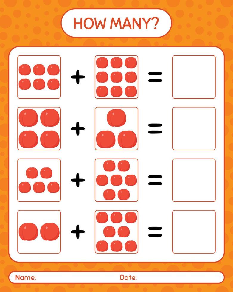 quanti giochi di conteggio con la nettarina. foglio di lavoro per bambini in età prescolare, foglio di attività per bambini, foglio di lavoro stampabile vettore