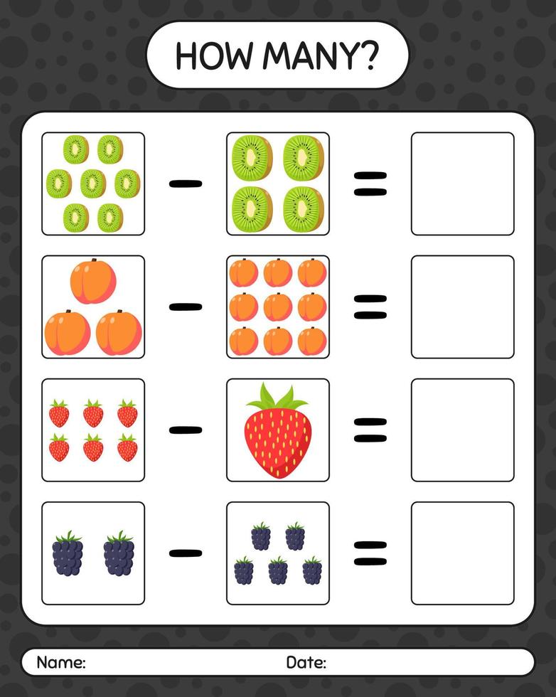 quanti contano il gioco con la frutta. foglio di lavoro per bambini in età prescolare, foglio di attività per bambini, foglio di lavoro stampabile vettore