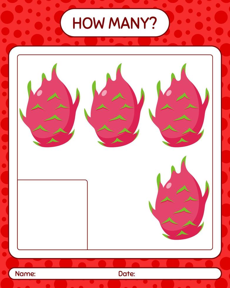 quanti giochi di conteggio con dragonfruit. foglio di lavoro per bambini in età prescolare, foglio di attività per bambini, foglio di lavoro stampabile vettore