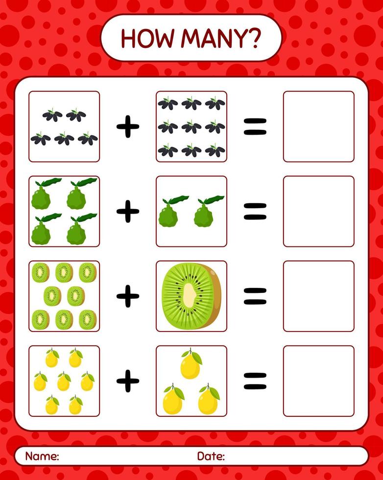 quanti contano il gioco con la frutta. foglio di lavoro per bambini in età prescolare, foglio di attività per bambini, foglio di lavoro stampabile vettore