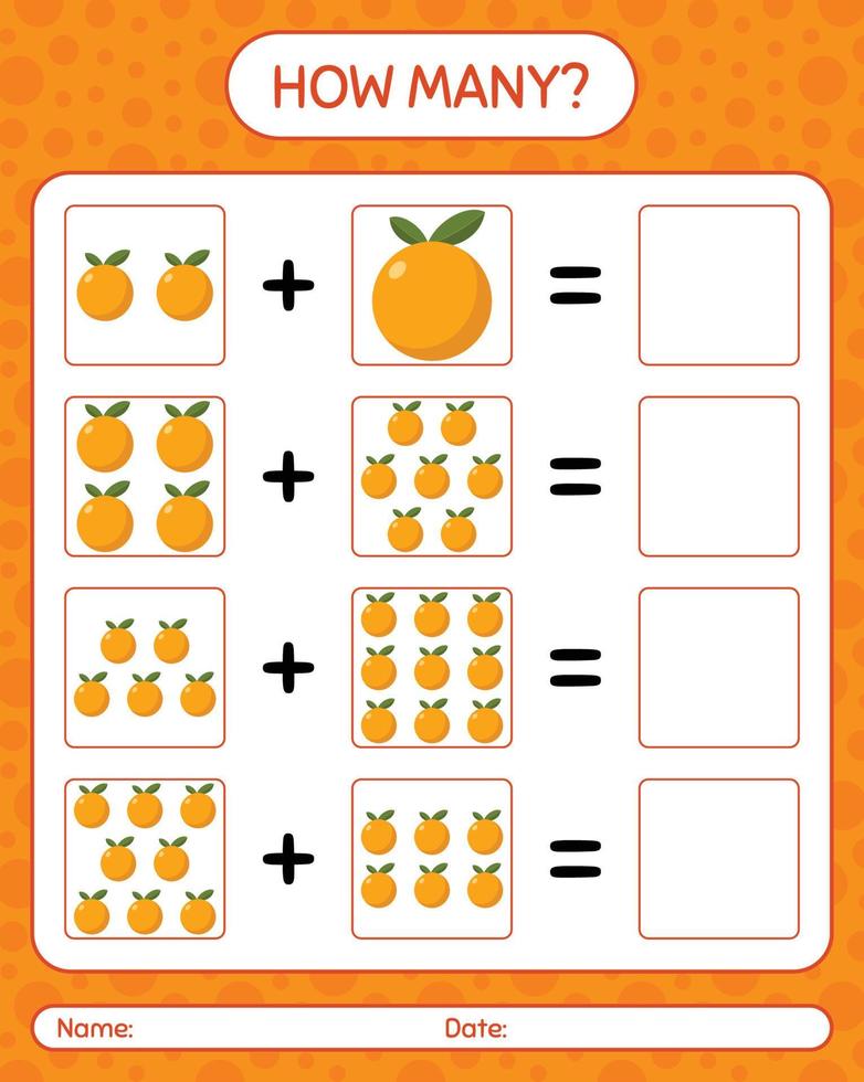 quanti contano il gioco con l'arancia. foglio di lavoro per bambini in età prescolare, foglio di attività per bambini, foglio di lavoro stampabile vettore