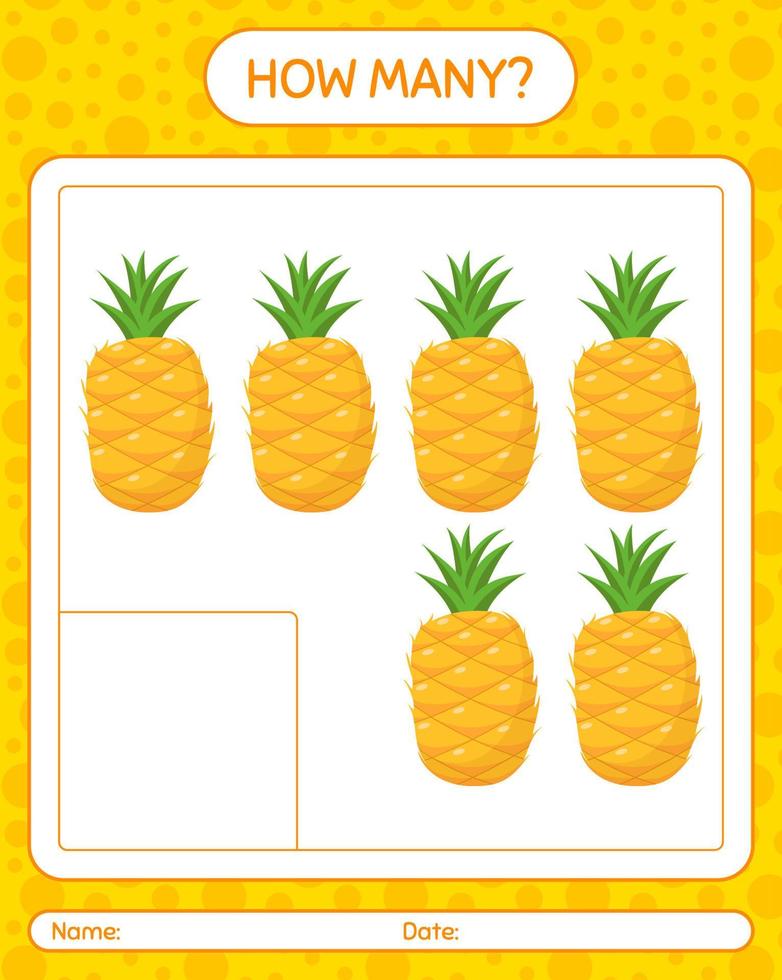 quanti conteggio gioco con ananas. foglio di lavoro per bambini in età prescolare, foglio di attività per bambini, foglio di lavoro stampabile vettore