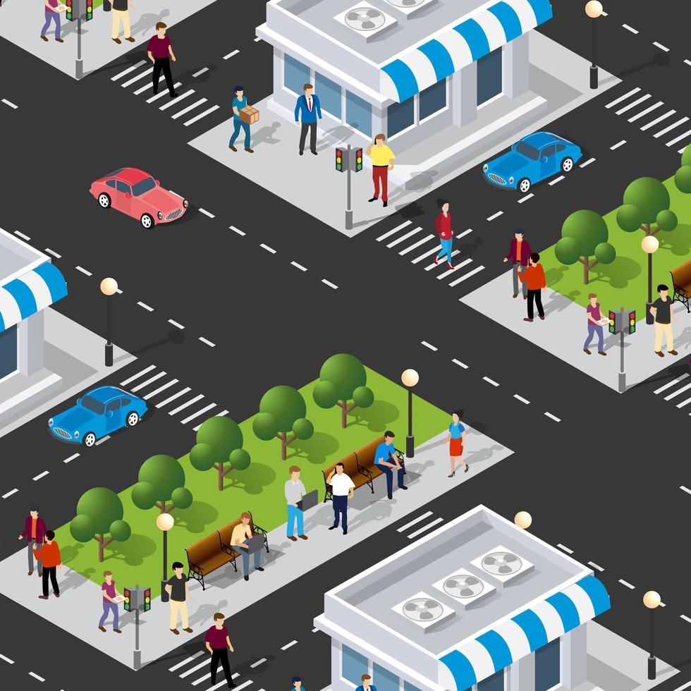 incrocio stradale isometrico illustrazione 3d del quartiere della città city vettore