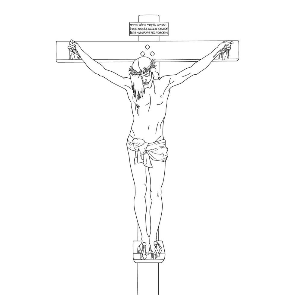 Gesù Cristo crocifisso morto sulla croce illustrazione vettoriale contorno monocromatico