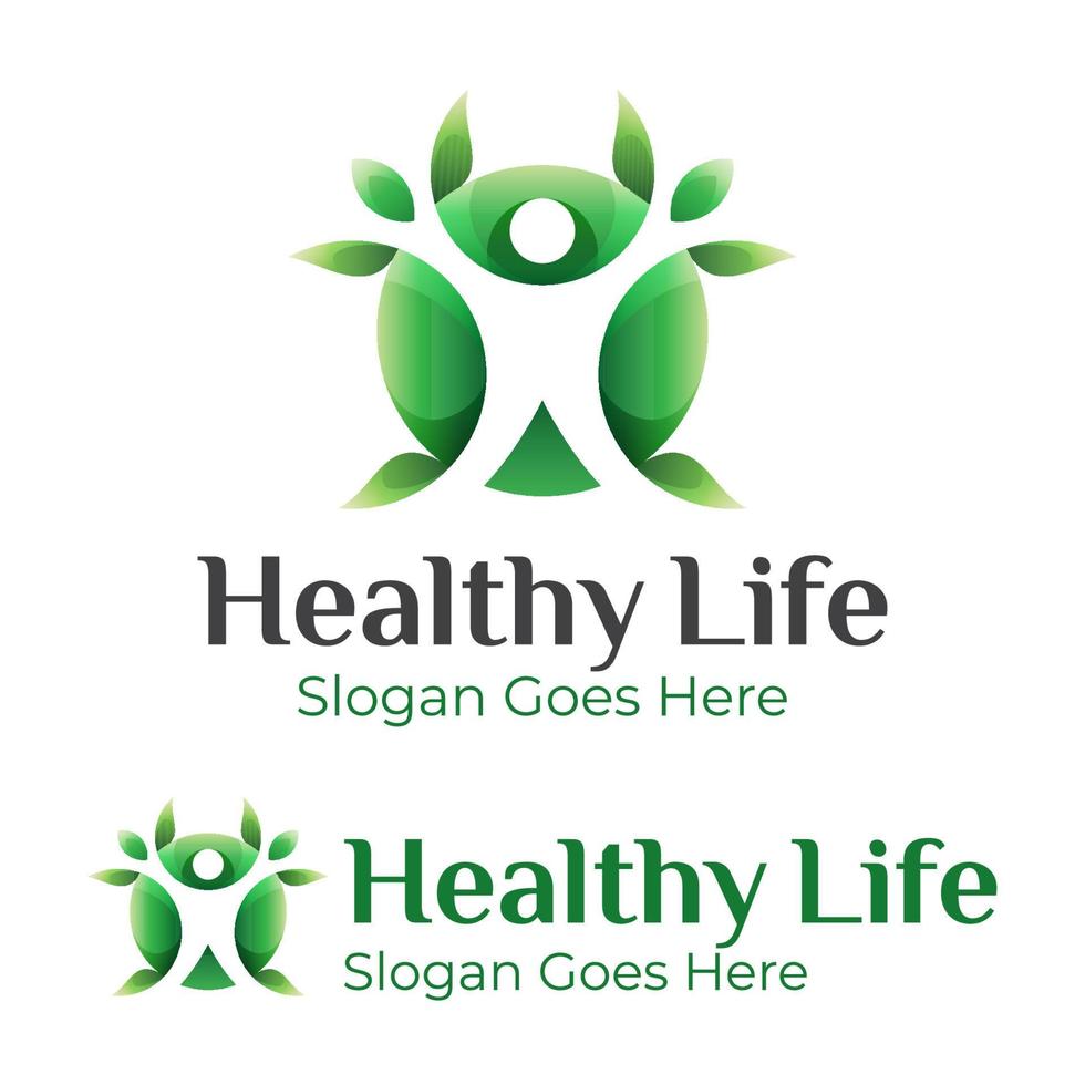 foglia verde sana con spazio negativo persone yoga logo design template vettoriale