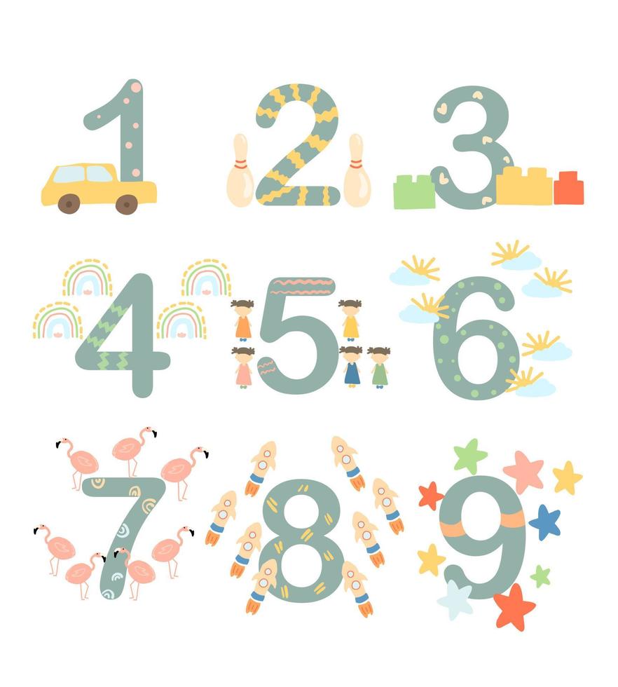 set di numeri piatti colorati con patterns.design elementi per bambini room.isolated numeri divertenti per bambini su sfondo bianco. vettore