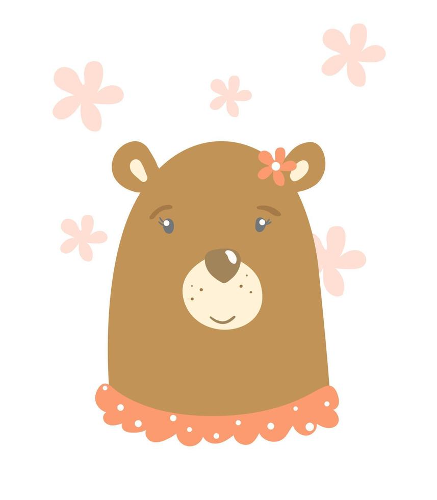 orso bruno in un vestito. cartone animato lei porta con fiore rosa. vettore