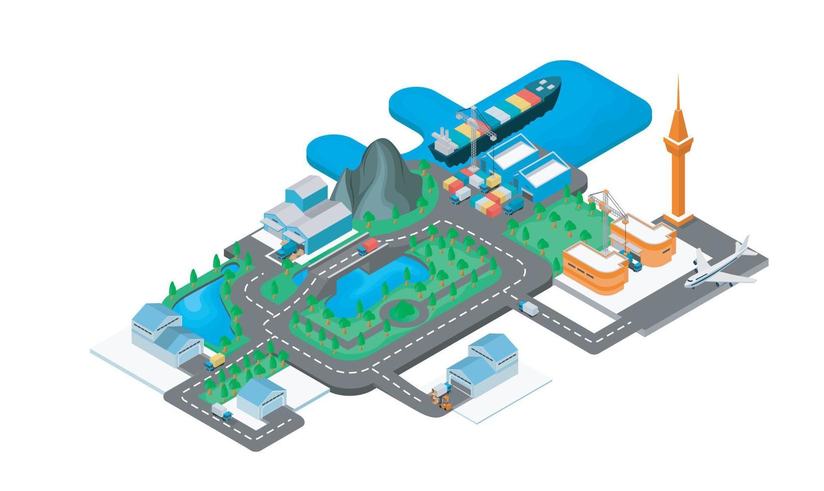 illustrazione in stile isometrico sulla mappa di spedizione dal porto e dall'aeroporto al magazzino vettore