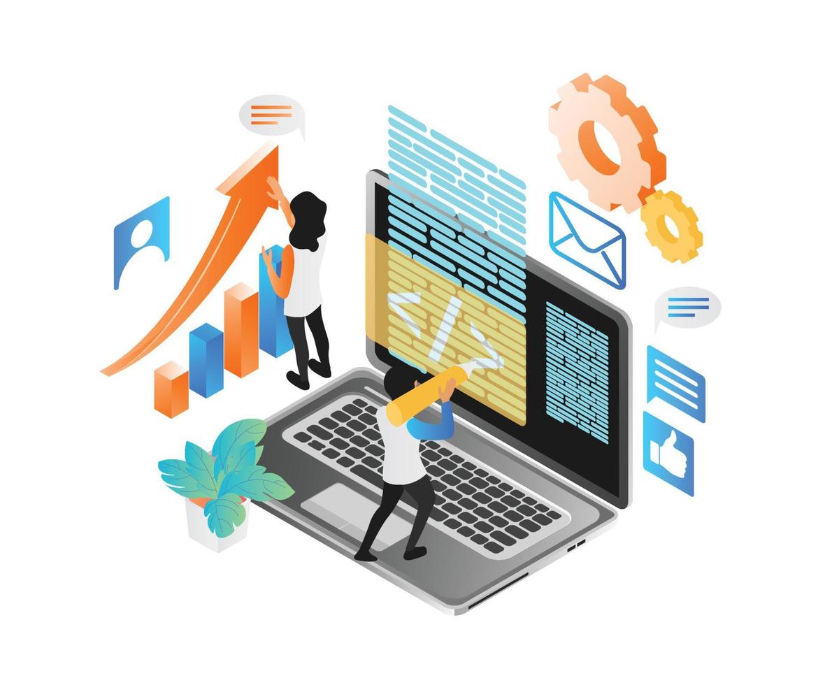 illustrazione in stile isometrico di un team di programmatori e analisi dei dati vettore