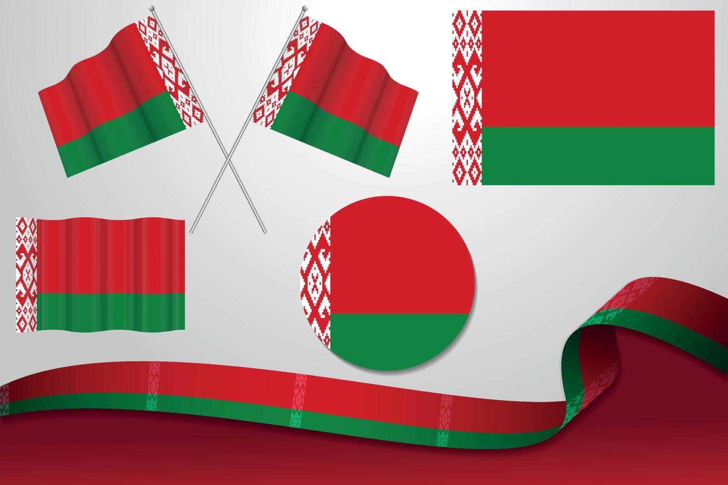 set di bandiere della bielorussia in diversi modelli, icona, bandiere sventolanti con nastro con sfondo. vettore