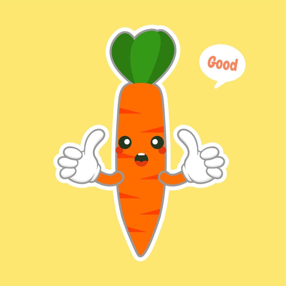 illustrazione carina e kawaii di divertente personaggio dei cartoni animati di carota, concetto vegano, amore di carota. concetto di cibo e verdura icona logo carota arancione vettore