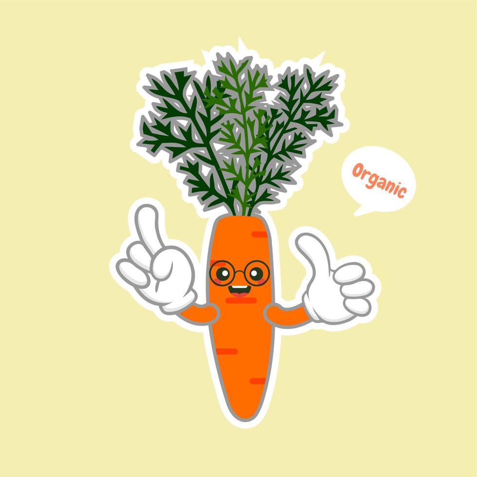 personaggio dei cartoni animati di carota isolato su sfondo colorato. cibo sano divertente mascotte illustrazione vettoriale in design piatto. concetto di cibo, vegano, vegetariano e vegetale.icona del logo della carota arancione