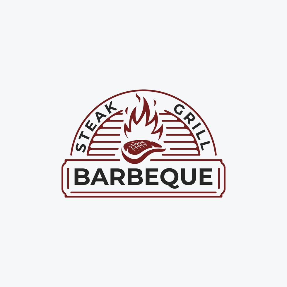 etichetta del distintivo dell'annata di vettore di bistecca con fuoco, bistrot, manzo, ristorante, modello di logo di cibo alla griglia
