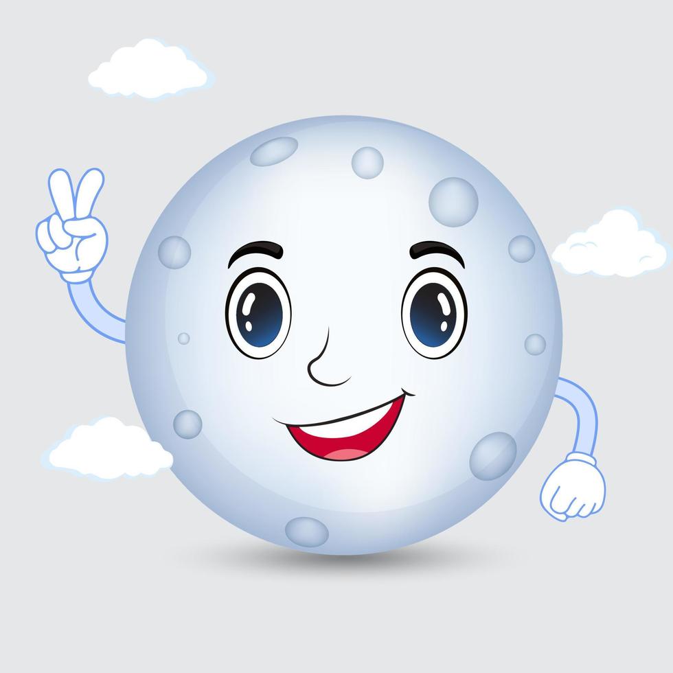 felice luna piena icona del design del fumetto. sorriso luna cartone animato isolato su sfondo bianco. icona del design del personaggio dei cartoni animati della luna. vettore