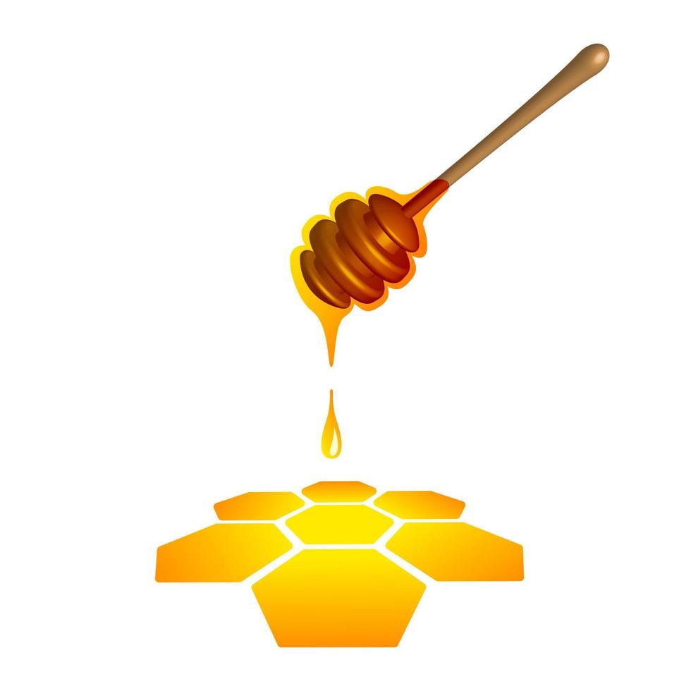 mestolo di miele con nettare gocciolante sull'icona 3d a nido d'ape. miele dolce arancione che scorre da un bastoncino di legno e pane vettoriale di api medicinali gialle organiche