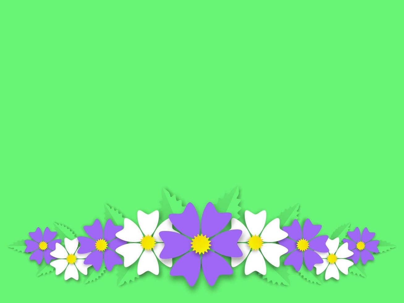ornamento di ghirlanda estiva da banner di fiori. intrecciare margherite bianche selvatiche e ranuncoli viola incorniciati con foglie vettoriali verdi