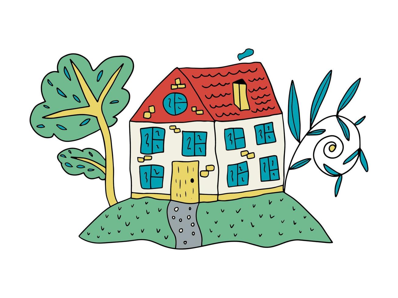 casa di doodle disegnato a mano carino con giardino, alberi isolati su sfondo bianco. vettore