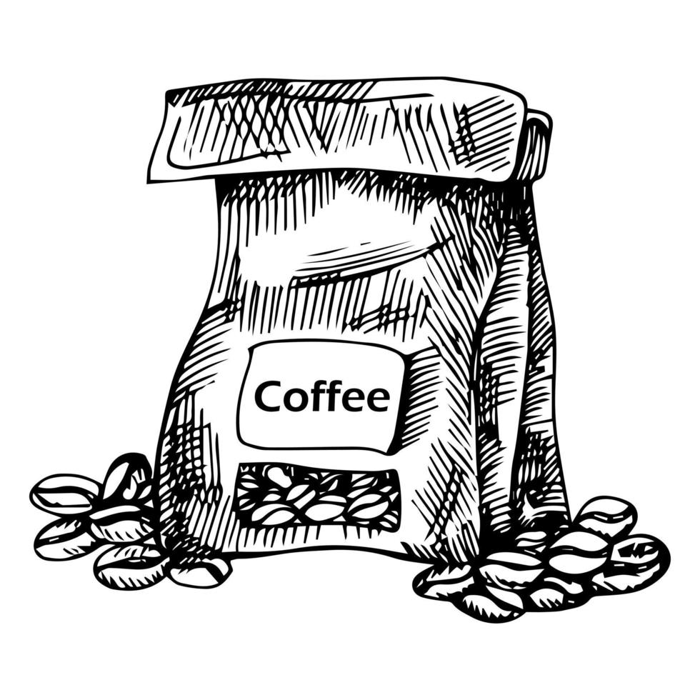 sacchetto con chicchi di caffè. stile scarabocchio, schizzo vettore