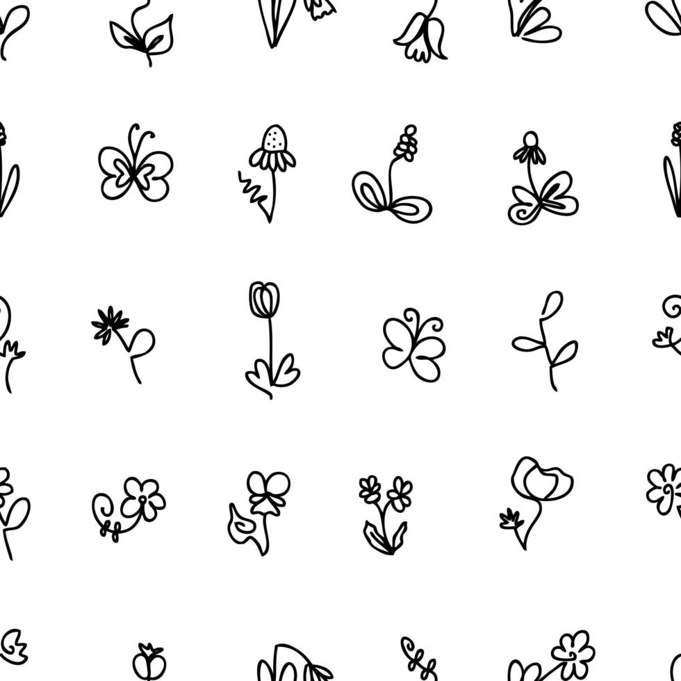 monocromatico doodle motivo senza giunture di fiori disegnati da linea continua. perfetto per t-shirt, tessuto e stampa. illustrazione vettoriale disegnata a mano per arredamento e design.