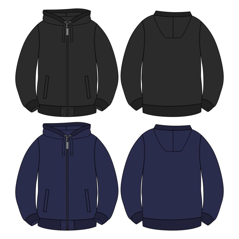 felpa. modello vettoriale di schizzo piatto di moda tecnica. felpa con cappuccio per abbigliamento in tessuto felpato di cotone illustrazione nero, colore blu navy mock up. abbigliamento capispalla maglione davanti, dietro. uomo, top unisex cad.