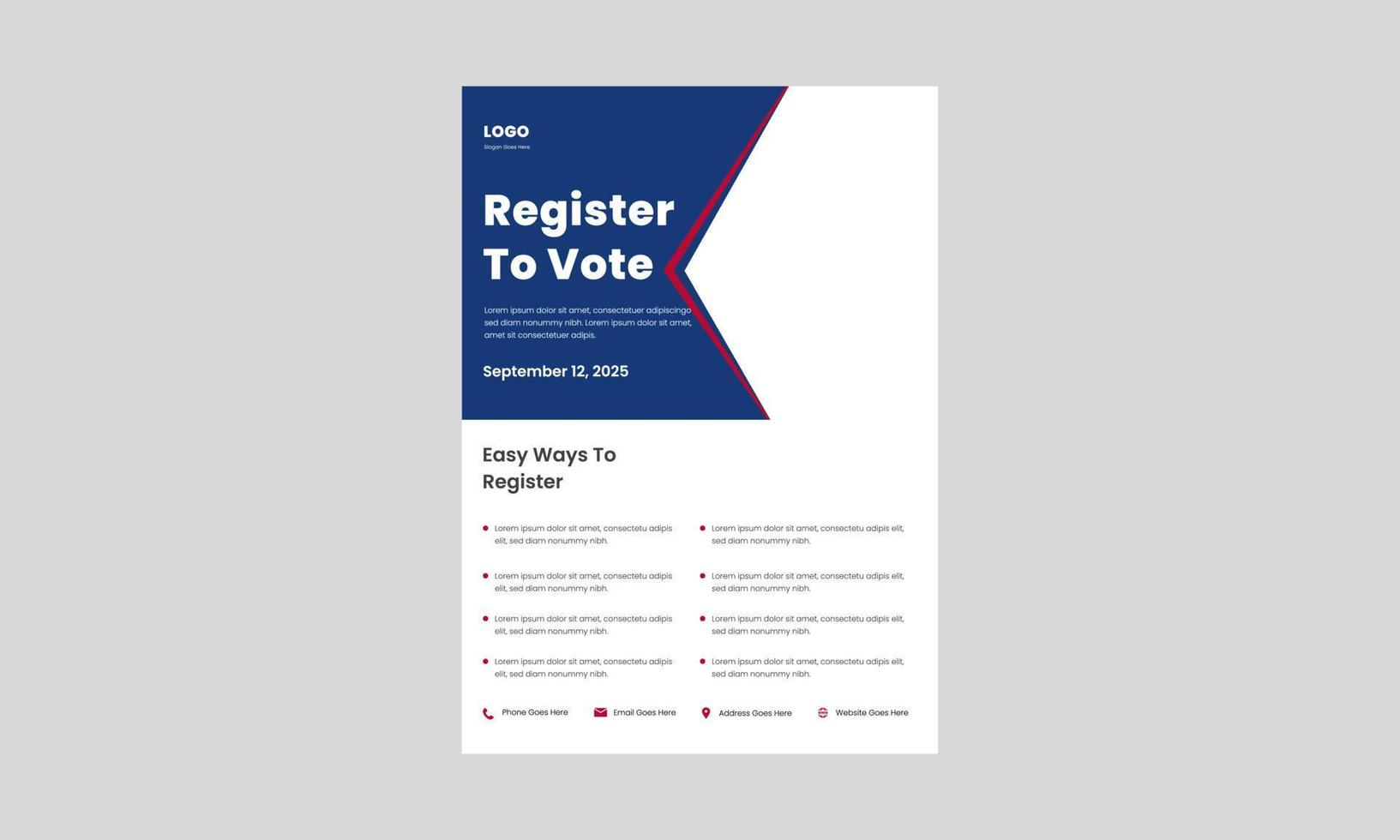 modello di progettazione del volantino di registrazione degli elettori. registrarsi in modo semplice per il poster del voto, il design del volantino. registra e vota il modello di progettazione del volantino. vettore