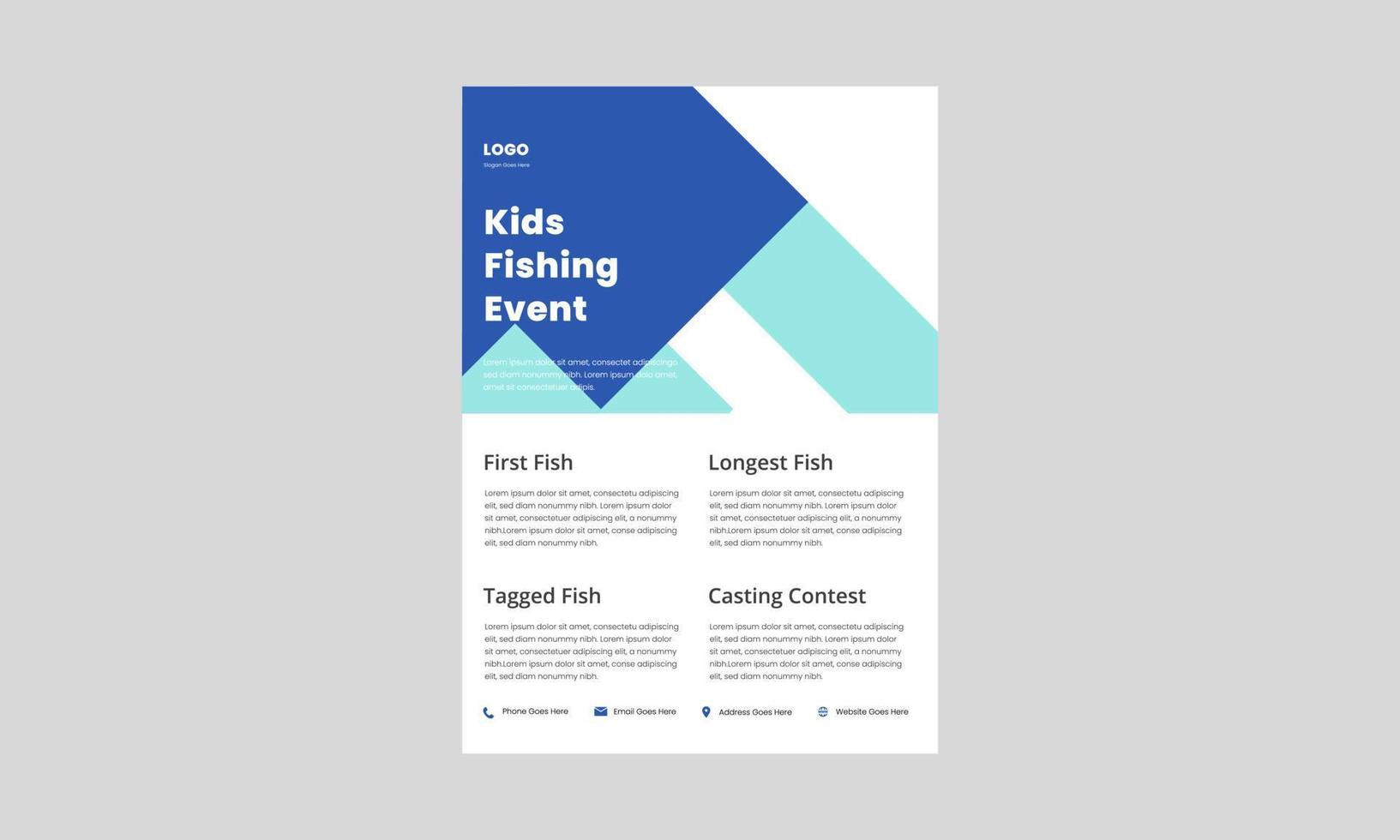 modello di volantino derby di pesca per bambini. volantino poster del torneo di pesca per bambini. stampa del design dell'evento di pesca pronta. vettore