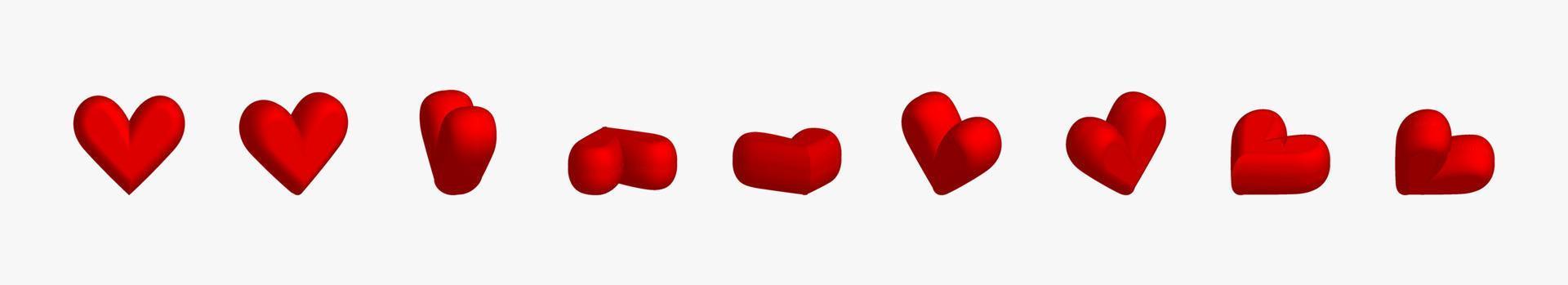 insieme dell'icona dei cuori. simbolo di amore di san valentino, icona del cuore 3d anteriore e vista angolare di rotazione. vettore