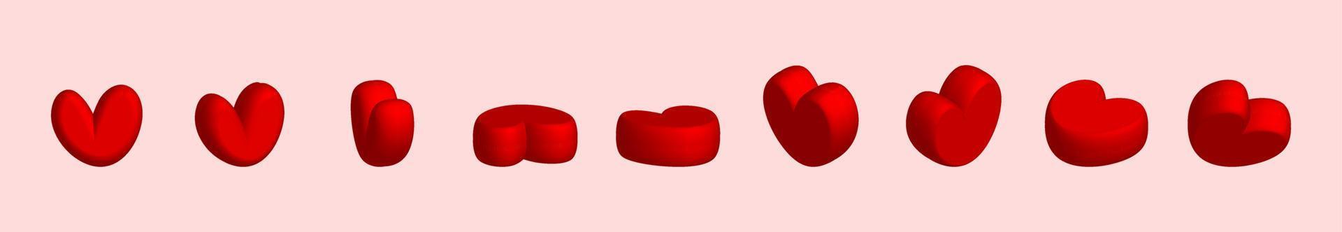 insieme dell'icona dei cuori. simbolo di amore di san valentino, icona del cuore 3d anteriore e vista angolare di rotazione. vettore
