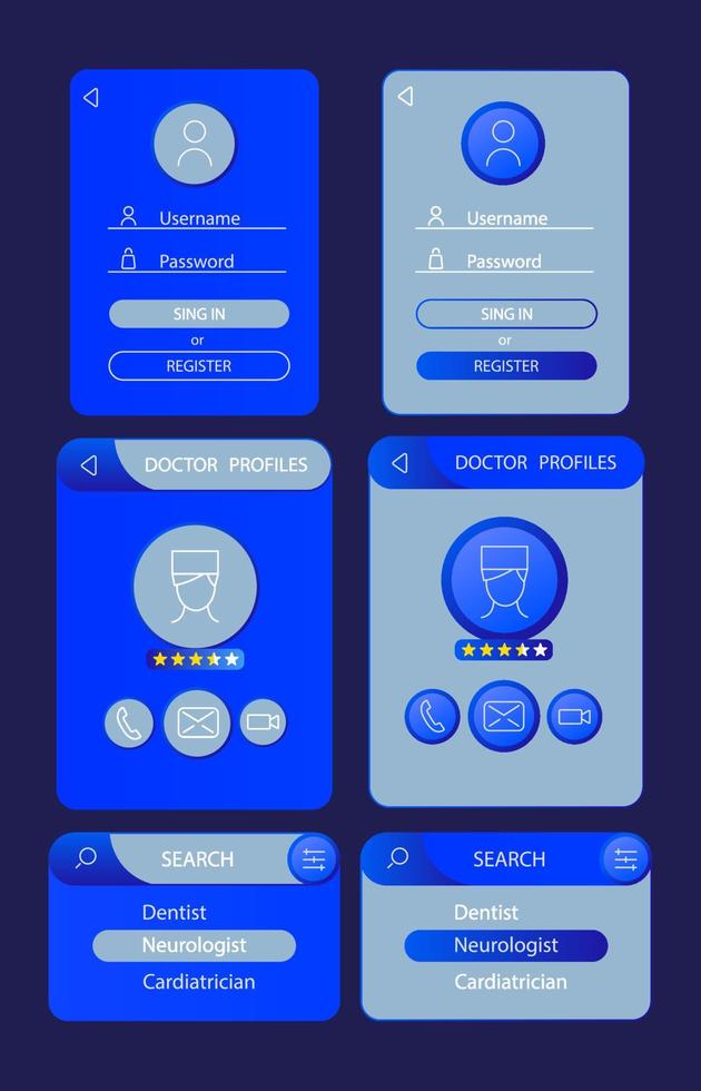 kit di elementi dell'interfaccia utente per appuntamento medico online. componenti vettoriali isolati. menu di navigazione piatti e modello di pulsanti dell'interfaccia. raccolta di widget di web design per il tema scuro dell'applicazione mobile