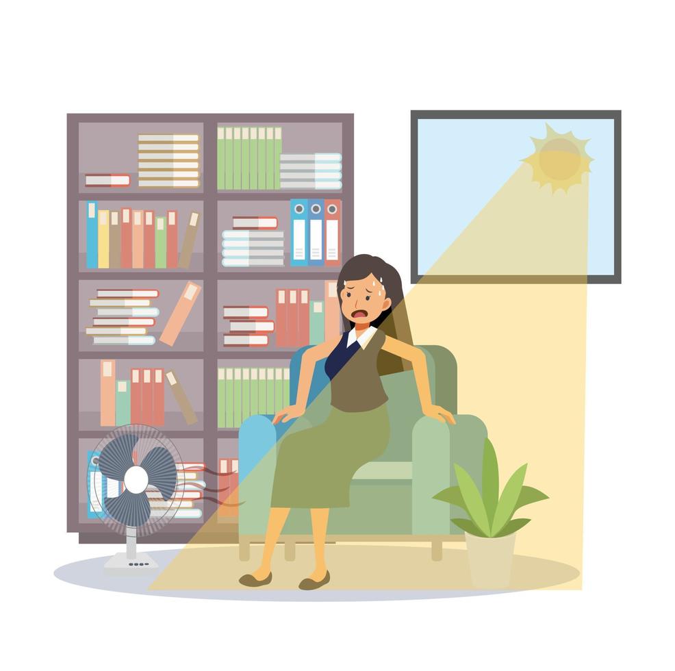 illustrazione vettoriale di una donna seduta sul divano che si sente calda in un giorno d'estate, soffre di esaurimento da calore