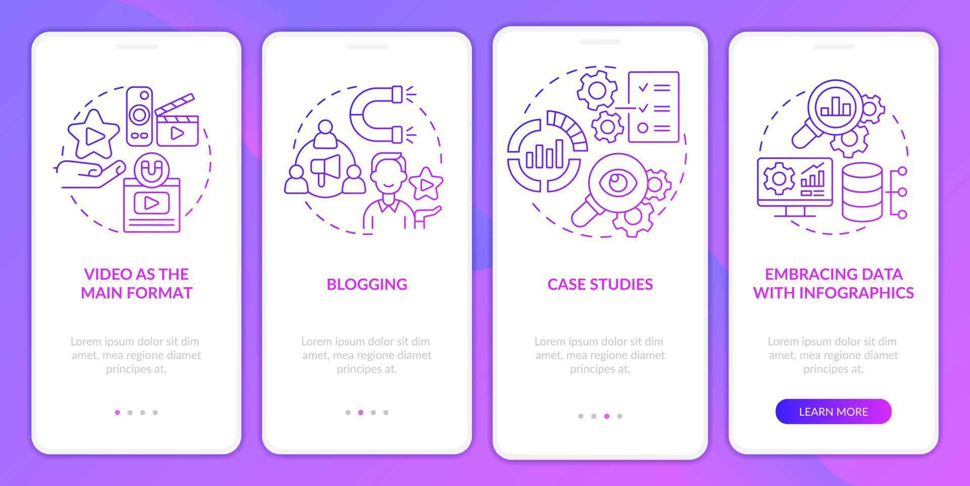 tendenze di marketing dei contenuti schermo dell'app mobile onboarding gradiente viola. procedura dettagliata 4 passaggi pagine di istruzioni grafiche con concetti lineari. ui, ux, modello gui. sono stati utilizzati una miriade di caratteri normali in grassetto vettore