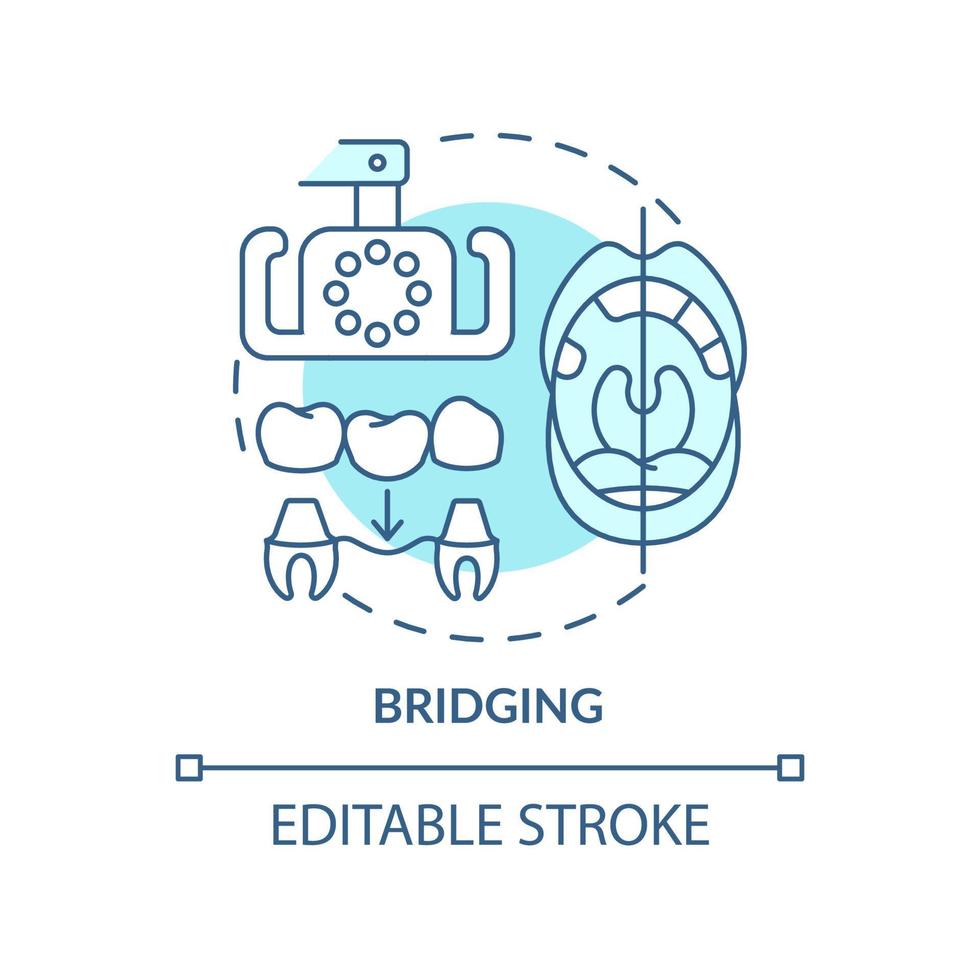 icona del concetto turchese a ponte. procedura di odontoiatria estetica astratta idea linea sottile illustrazione. trattamento riparativo. disegno di contorno isolato. tratto modificabile. arial, una miriade di caratteri pro-grassetto utilizzati vettore