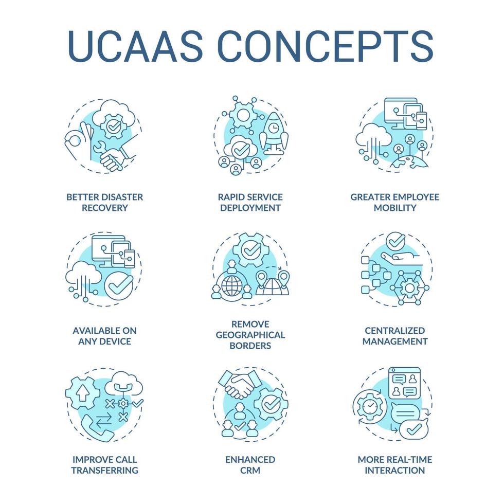 set di icone turchesi del concetto di ucaas. modello di comunicazioni unificate distribuito su cloud. illustrazioni a colori linea sottile idea servizio clienti. simboli isolati. roboto-medium, una miriade di caratteri pro-grassetto utilizzati vettore