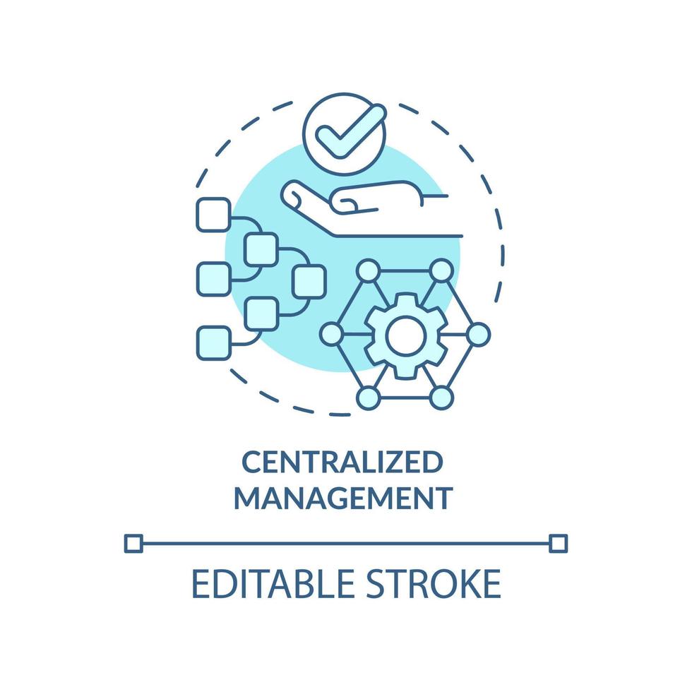 icona del concetto turchese a gestione centralizzata. costruzione della rete. vantaggi di ucaas idea astratta linea sottile illustrazione. disegno di contorno isolato. tratto modificabile. arial, una miriade di caratteri pro-grassetto utilizzati vettore