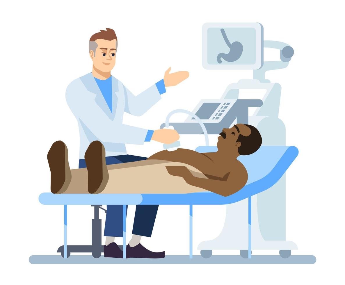 illustrazione vettoriale a colori rgb semi-piatta per procedura medica. medico maschio che conduce ultrasuoni addominali personaggi dei cartoni animati isolati su sfondo bianco
