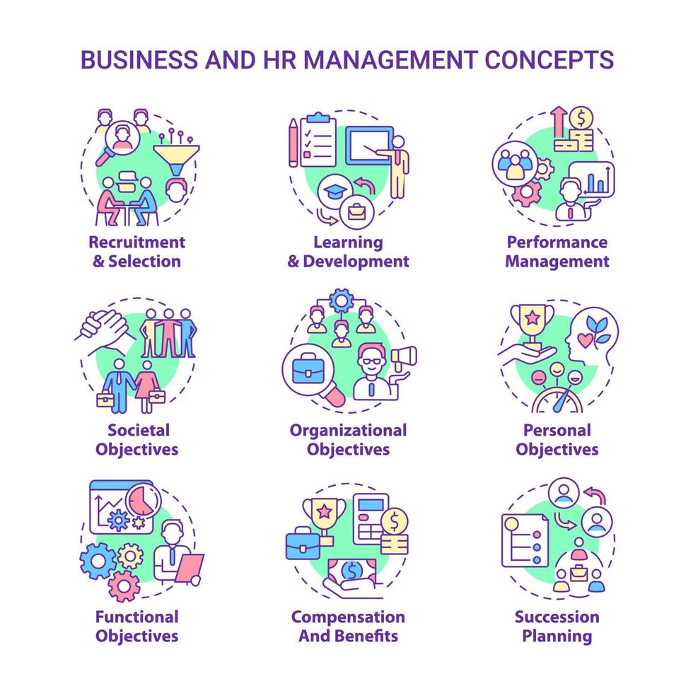 hr e icone di concetto di gestione aziendale impostate. illustrazioni a colori a linee sottili di idea dei compiti del dipartimento delle risorse umane. disegni di contorno isolati. tratto modificabile. roboto-medium, una miriade di caratteri pro-grassetto utilizzati vettore